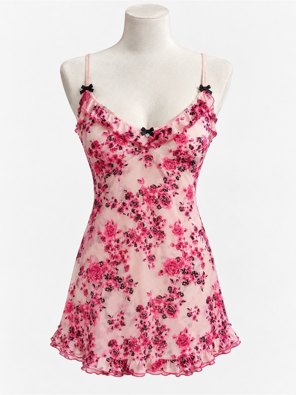 Betsey Johnson Vintage Y2K Nightie Slip Floral Pink Roses Black Sheer Size Small